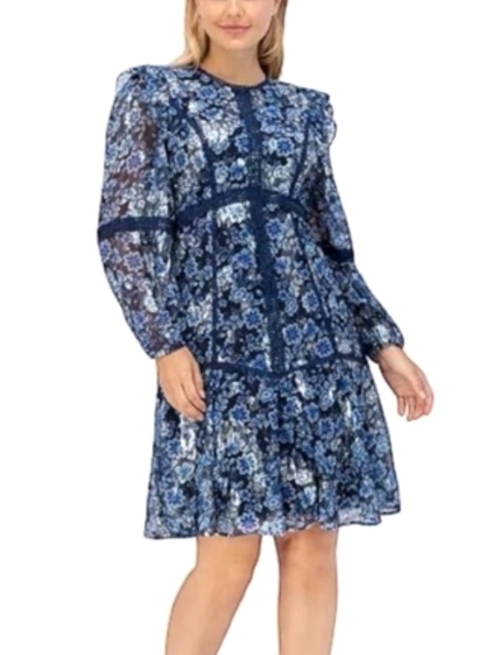 NWT Eliza J. Navy Blue & Silver Floral Ruffled Long Puff Sleeve Dress - Picture 3 of 16
